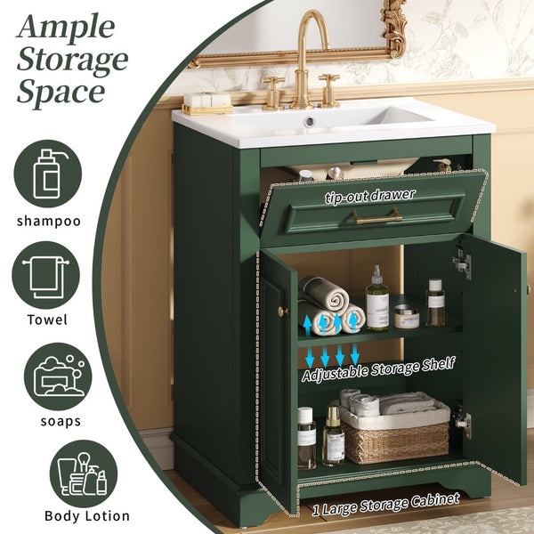 English Elm 24" Matte Single Sink Vanity Solid Poplar Frame Gold Hardware Soft Close Cabinet Green N710P389449F