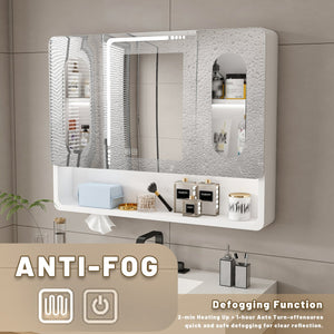 English Elm Wall Mounted Bathroom Mirror Cabinet LED Anti-Fog Explosion-Proof Touch Control 3-Color Lighting, Defogger, Spacious Aluminum Storage with Hooks and Mask Rack W2700P350174