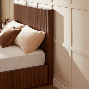 English Elm Natural Fluted Wood Platform Bed Minimalist Queen Frame with Tall Curved Headboard Walnut W5219S00001