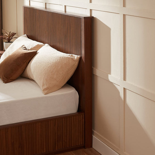 English Elm Natural Fluted Wood Platform Bed Minimalist Queen Frame with Tall Curved Headboard Walnut W5219S00001