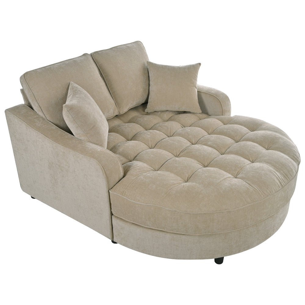 English Elm 55" Modern Chaise Lounge Sofa Bed Upholstered in Soft Chenille with Tufted Round Seat & Pillows, Durable Frame Champagne N719P256002G