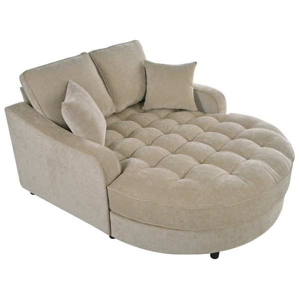 English Elm 55" Modern Chaise Lounge Sofa Bed Upholstered in Soft Chenille with Tufted Round Seat & Pillows, Durable Frame Champagne N719P256002G
