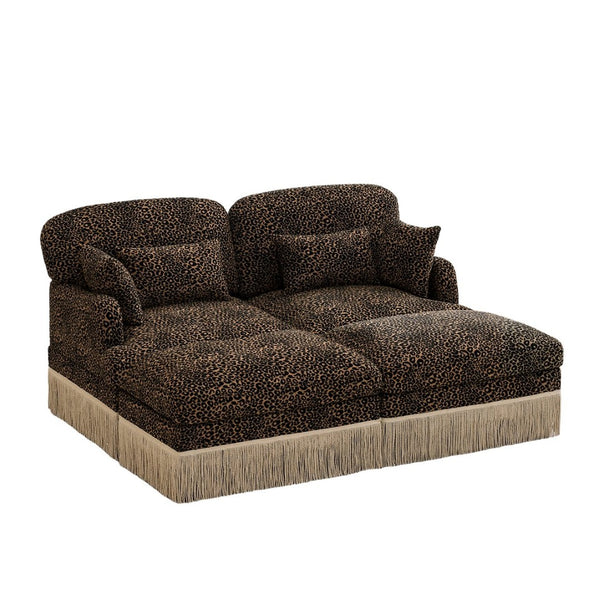 English Elm Comfy Chenille Leopard Print Loveseat with Tassel Trim and Movable Ottoman Modules Brown W5656S00012
