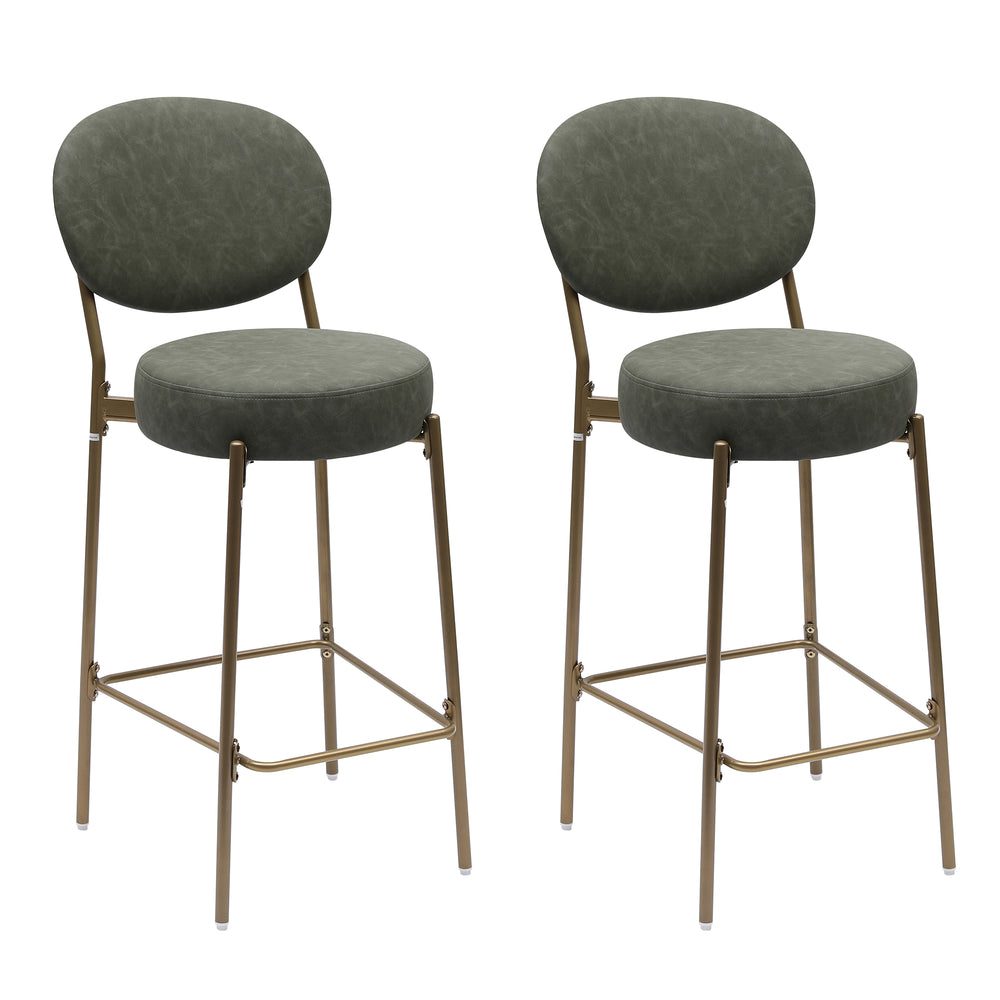 English Elm 29'' Modern Upholstered Bar Stools Set of 2 Green Faux Leather Seats with Gold Metal Frame & Footrest W1757P227879