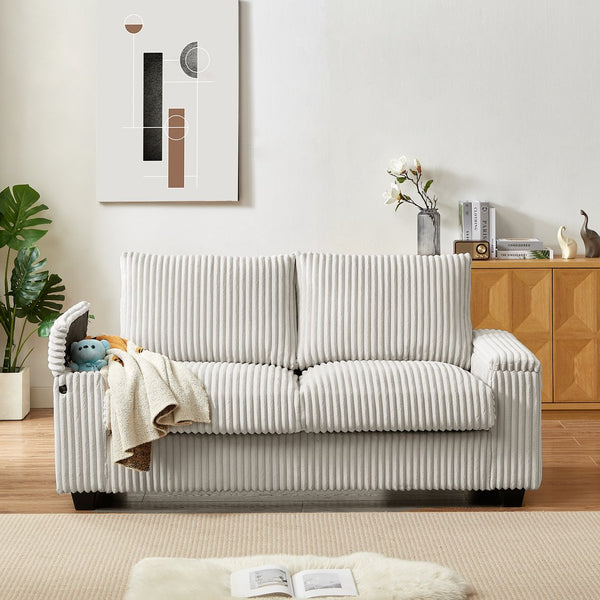 English Elm 71" Loveseat Plush Corduroy Small Sofa with Armrest Storage, USB Port, Solid Wood Frame, Beige W542P210606