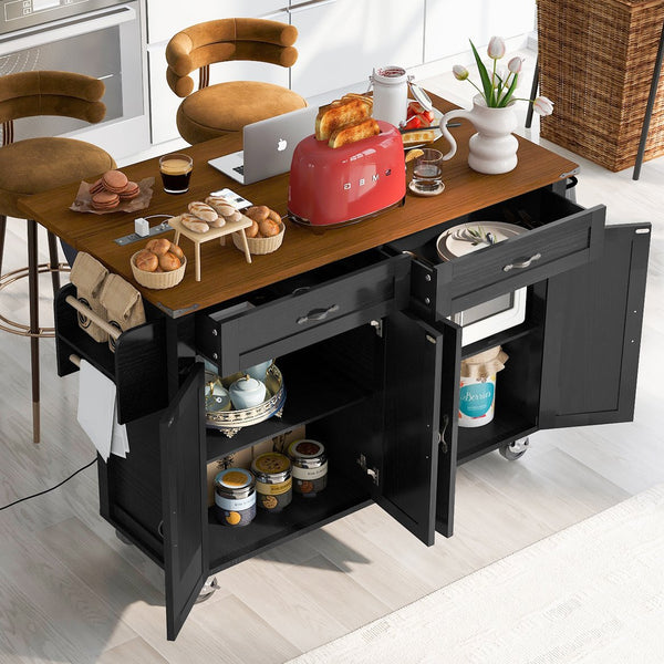 English Elm K&K Farmhouse Kitchen Island Cart 53.5" with Drop Leaf, Built-In Power Station, Ample Storage & Wheels Black N707P170348B