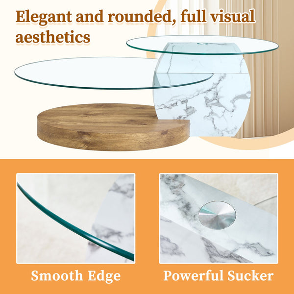 English Elm Contemporary White Marble & Wood Grain Double-Layer Coffee Table with Tempered Glass Top, Stylish Centerpiece W1512P386948