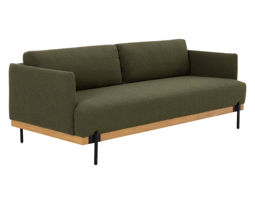 Sunpan Saul Sofa - Handcrafted Comfort with Rustic Oak Frame and Black Iron Legs for Timeless Elegance Copenhagen Olive