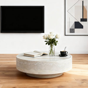 English Elm Round Fiberglass Coffee Table Sculptural Minimalist Design for Modern Living Rooms W2085P374193