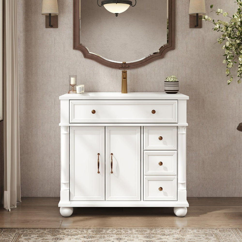 English Elm 35.6" Freestanding Bathroom Vanity with Roman Column Base and Ceramic Integrated Sink W1801S00009