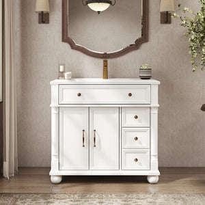 English Elm 35.6" Freestanding Bathroom Vanity with Roman Column Base and Ceramic Integrated Sink W1801S00009