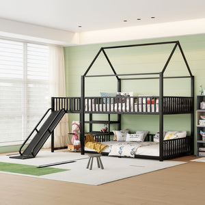 English Elm Full Metal House Bunk Bed with Slide Storage Stairs and Safety Rails for Kids W1580S00345