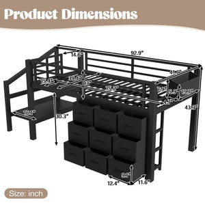 English Elm Twin Metal Low Loft Bed with Storage Stairs Fabric Drawers and Built-in Lights Black W5305S00045