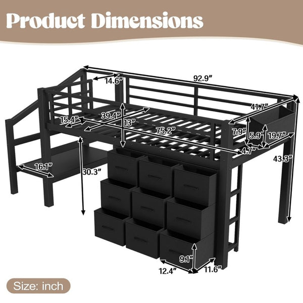 English Elm Twin Metal Low Loft Bed with Storage Stairs Fabric Drawers and Built-in Lights Black W5305S00045