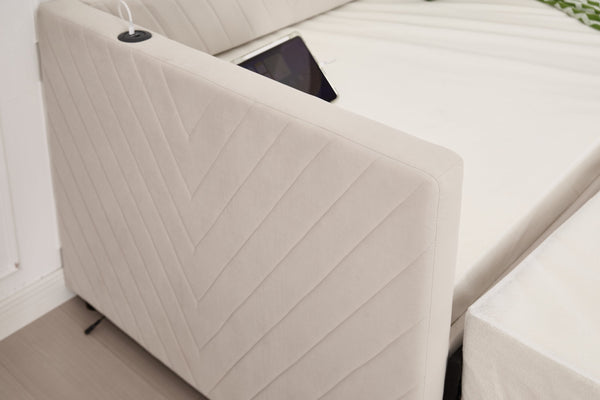 English Elm Twin Velvet Upholstered Daybed with Trundle, V-Pattern Backrest, USB Port, Side Pockets, Sturdy Design Beige W1361S00041