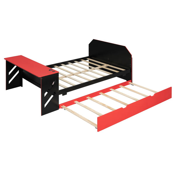 English Elm Full Size Wood Daybed with Twin Trundle Desk and Usb Charging for Teen Rooms Red LT000262AAR