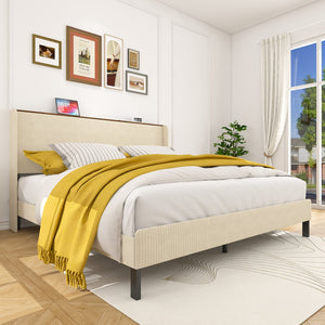 English Elm King Size Platform Bed with Storage Headboard, USB Charging Ports, Metal Slats, Beige, Noise-Free Assemble W636P288882