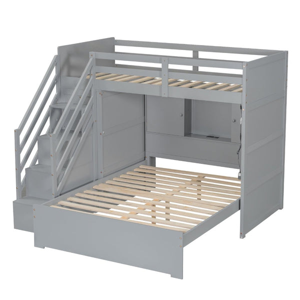 English Elm Twin Over Full Bunk Bed with Wardrobe Storage Stairs Shelves and Usb Charging Gray LT000292AAE