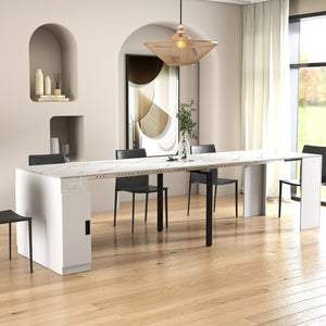 English Elm Modern Expandable Dining Table with Built-In Outlet, 5-Panel Extendable Space-Saving Design for Gatherings White W331S00193