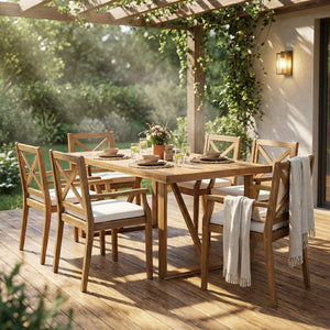 English Elm 7 Piece Solid Acacia Wood Outdoor Dining Set Teak Finish Six Armchairs Patio N762S000043AAK