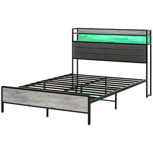 English Elm HOMCOM Full Size Bed Frame with LED RGB Headboard, Built-In Charging Station and 3-Tier Shelf Gray W2225P249915