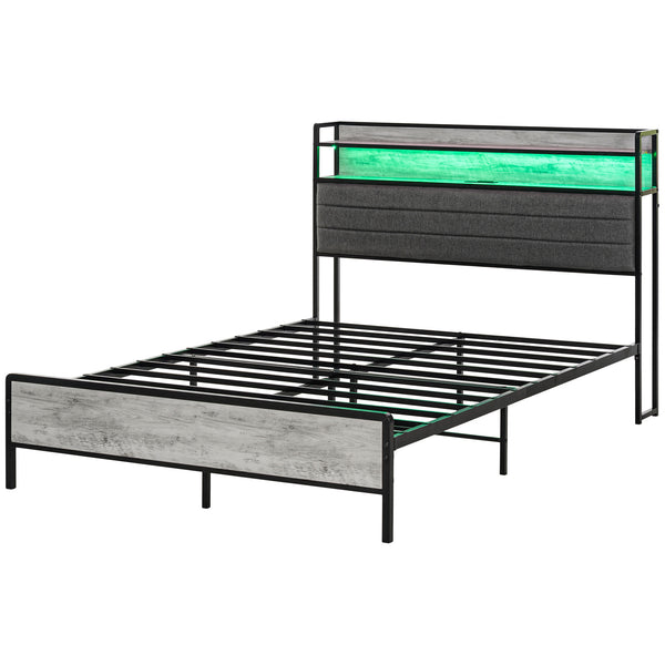 English Elm HOMCOM Full Size Bed Frame with LED RGB Headboard, Built-In Charging Station and 3-Tier Shelf Gray W2225P249915