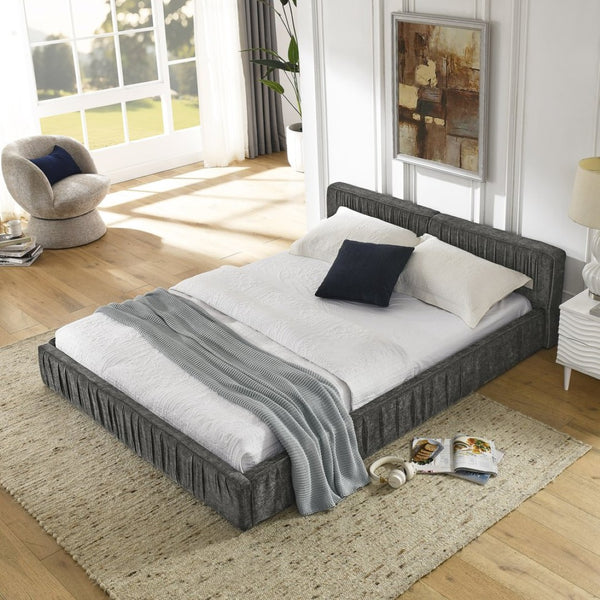 English Elm Queen Upholstered Bed Frame In Soft Grey Chenille With Pleated Design – No Box Spring Needed! W487S00337-GIGA