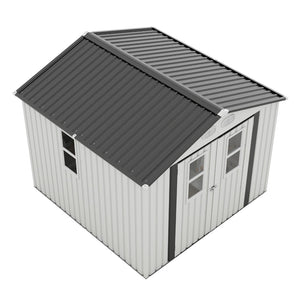 English Elm Outdoor Metal Storage Shed 8x8 Ft with Four Windows and Lockable Double Doors White W1598S00037