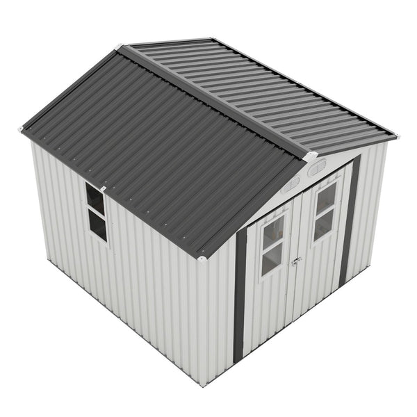 English Elm Outdoor Metal Storage Shed 8x8 Ft with Four Windows and Lockable Double Doors White W1598S00037