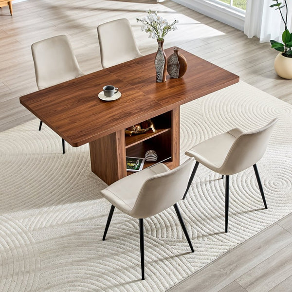 English Elm Scalable Extendable Dining Set Four Chairs Linen Upholstered Walnut Base Modern Walnut+Black,Warm Grey W1151S04717