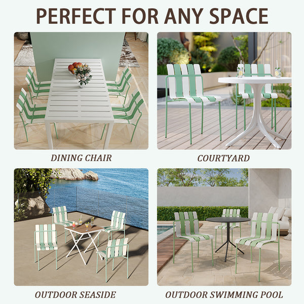 English Elm 4-Pack Modern Striped Color Block Chairs with Weatherproof PP Seats and Heavy-Duty Metal Legs for Indoor Outdoor Seating Haze Green,White W3450P322875