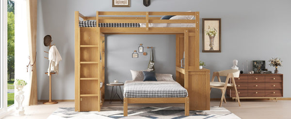 English Elm Queen Over Twin Bunk Bed With Built-In Desk, Storage, And Dismountable Lower Bed - Natural Wood W1580S00216-GIGA