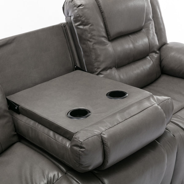 English Elm 3 Seater Home Theater Recliner with Dual Cup Holders PU Leather Comfort, Manual Infinite Recline, 350lb Capacity Grey WF323620AAE