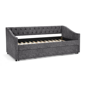 English Elm Twin Daybed with Pull Out Trundle Usb Charging Tufted Upholstered Sofa Guest Bed Grey W1413S00157