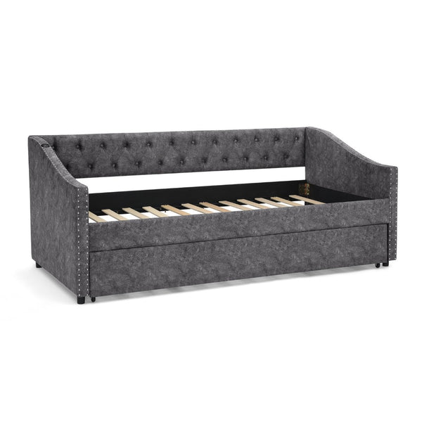 English Elm Twin Daybed with Pull Out Trundle Usb Charging Tufted Upholstered Sofa Guest Bed Grey W1413S00157