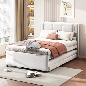 English Elm Full Size Upholstered Platform Bed With Versatile Trundle - Stylish Beige Design For Any Space! DL001678AAA