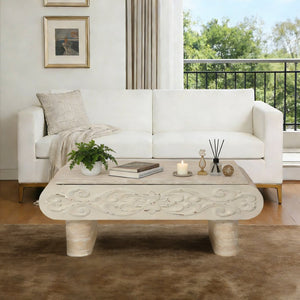 English Elm Rounded Edge Coffee Table Solid Wood Engraved Drawer Modern Living Room Storage Beige+Yellow W3040P428650