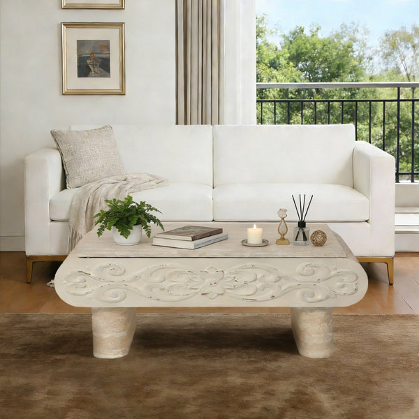 English Elm Rounded Edge Coffee Table Solid Wood Engraved Drawer Modern Living Room Storage Beige+Yellow W3040P428650