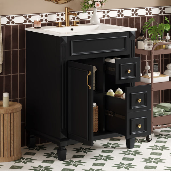 English Elm 24" French-Inspired Bathroom Vanity With Ceramic Sink, 2 Soft-Close Drawers & Adjustable Shelf N710P318989B