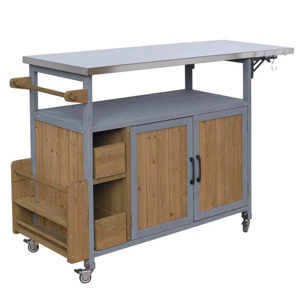 English Elm 54.33" Farmhouse Outdoor Kitchen Cart Solid Fir Frame Steel Top Storage Bbq Prep Blue Gray,Walnut Brown N767P379702B