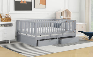English Elm Full Size Pinewood Kids Daybed with Fence Rails Split Floor Bed and Storage Drawers Gray LP100882AAE
