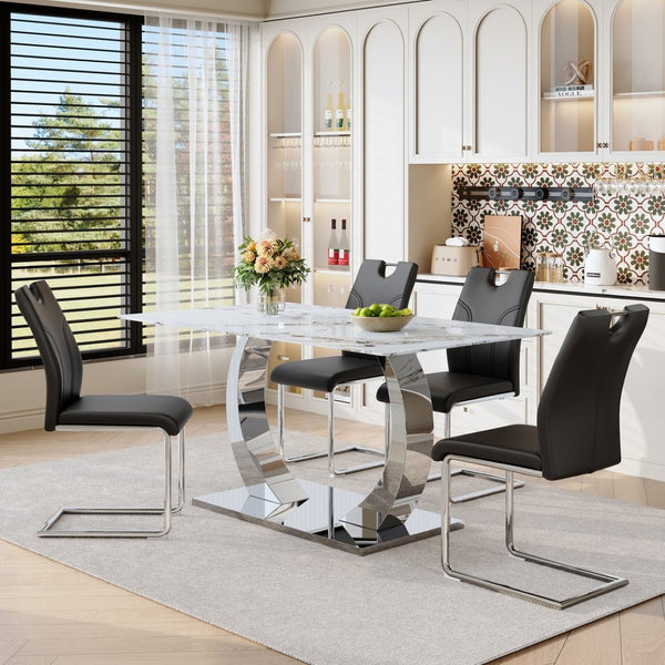English Elm Switchable Base Glass Top Dining Set with Four U-shaped Armchairs for Modern Spaces W2920S00083