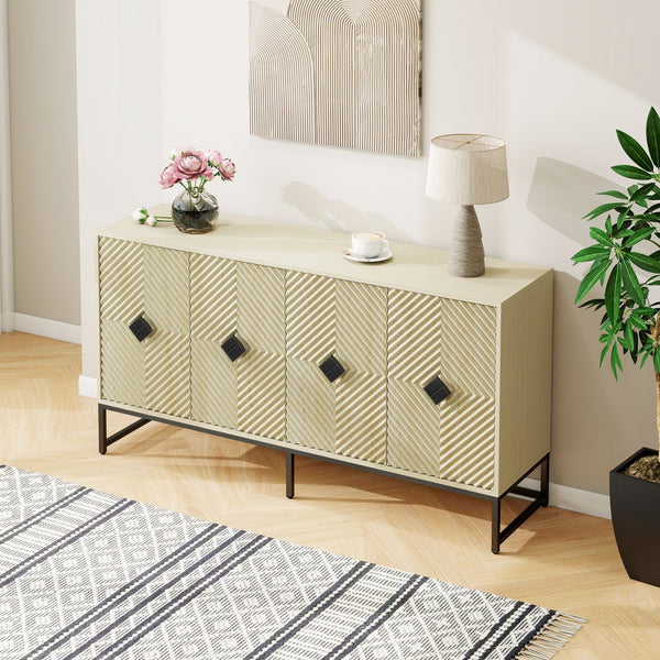 English Elm Carved Solid Wood Handle Sideboard Buffet Cabinet with Adjustable Shelves, Gold Metal Feet Stability W688P207303