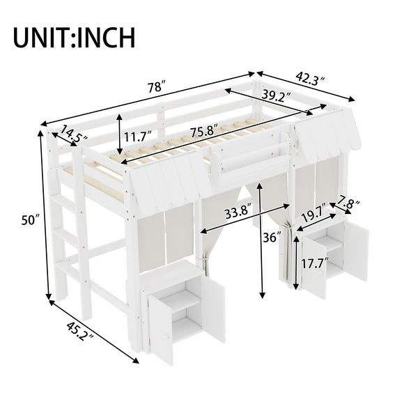 English Elm Twin Loft Bed Cottage-Style Playhouse with Built-In Bookshelf, Curtain & Storage, Safe Guardrails White W1580S00355