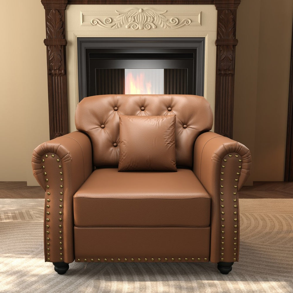 English Elm 41.3"upholstered Faux Leather Chair with Tufting Nailhead Trim Mid-century Style Brown W1885P469595