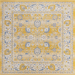 Unique Loom Whitney Bordeaux Machine Made Floral / Botanical Rug Tuscan Yellow, Blue/Ivory/Gray 7' 10" x 7' 10"