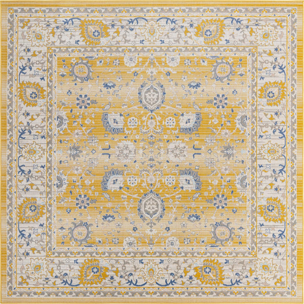 Unique Loom Whitney Bordeaux Machine Made Floral / Botanical Rug Tuscan Yellow, Blue/Ivory/Gray 7' 10" x 7' 10"