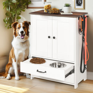 English Elm Dog feeding station with pull-out dual bowls, adjustable heights, storage locker & 3 side hooks, white W1687P270768