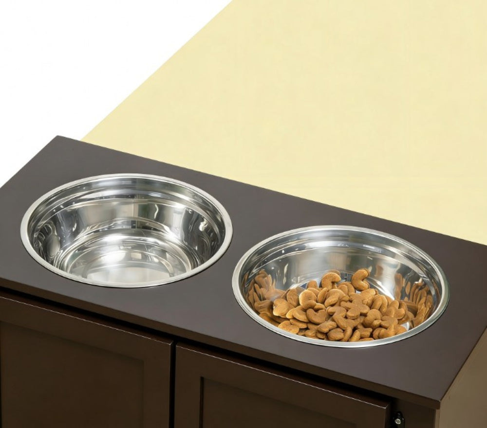 English Elm Pet Feeding Station with Raised Stainless Bowls Mdf Stand and Storage Drawer T3971P434170