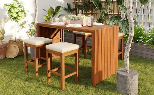 English Elm 5 Piece Acacia Wood Outdoor Bar Set with Four Cushioned Stools for Patio Dining N704G201252K